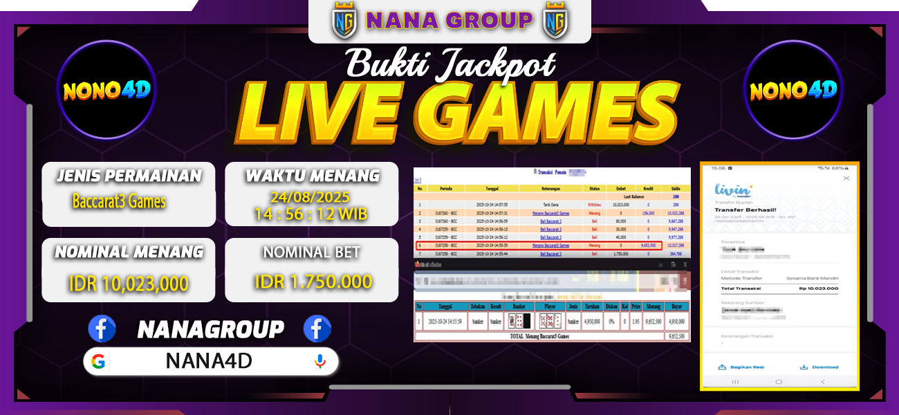 Bukti Kemenangan Besar Dibayar lunas Member NONO4D RP 10.023.000, 24 Oktober 2025